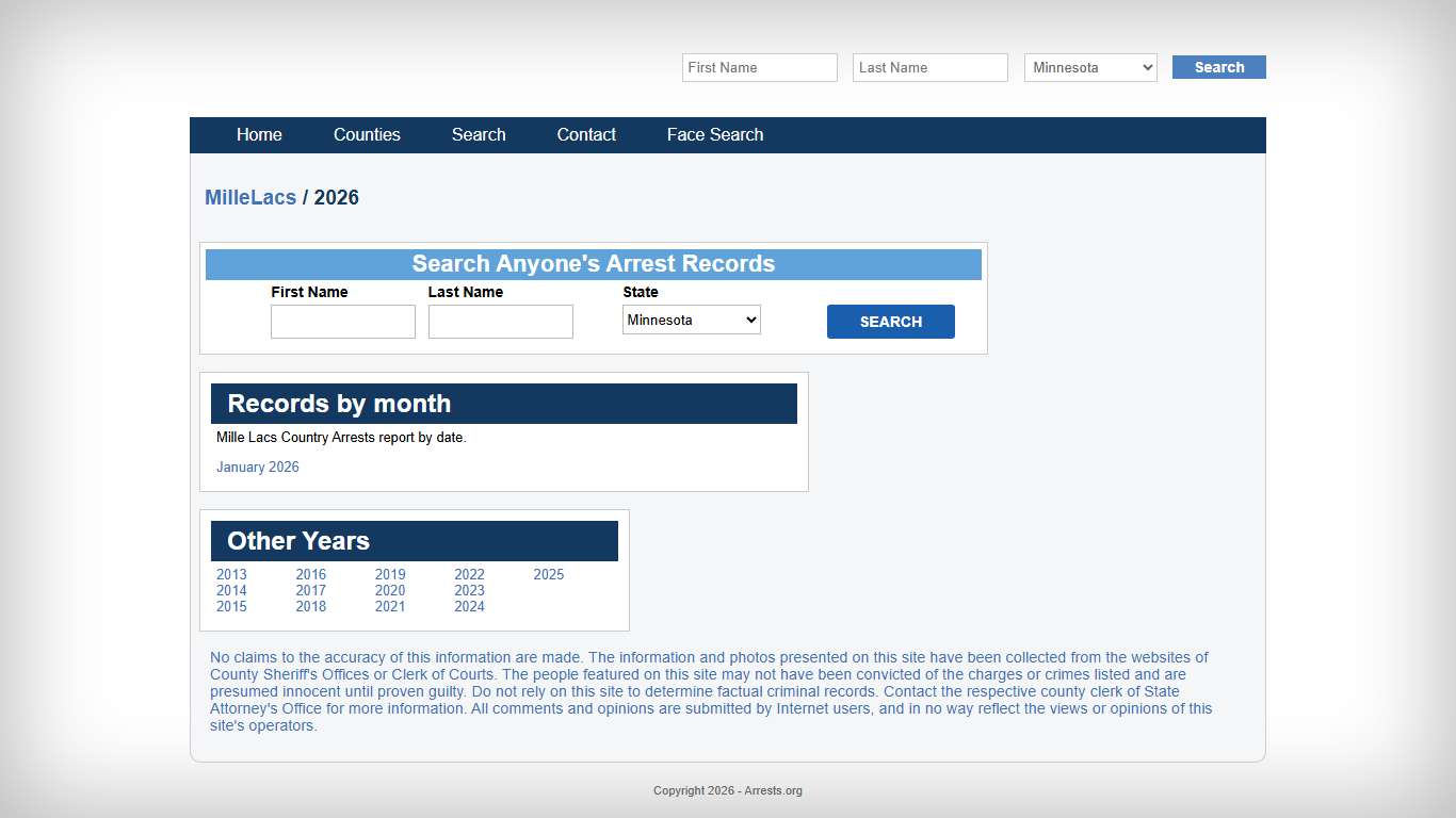 Mille Lacs County Arrest for 2026