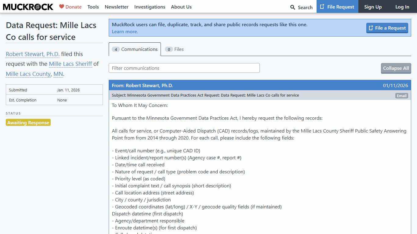 Data Request: Mille Lacs Co calls for service • MuckRock